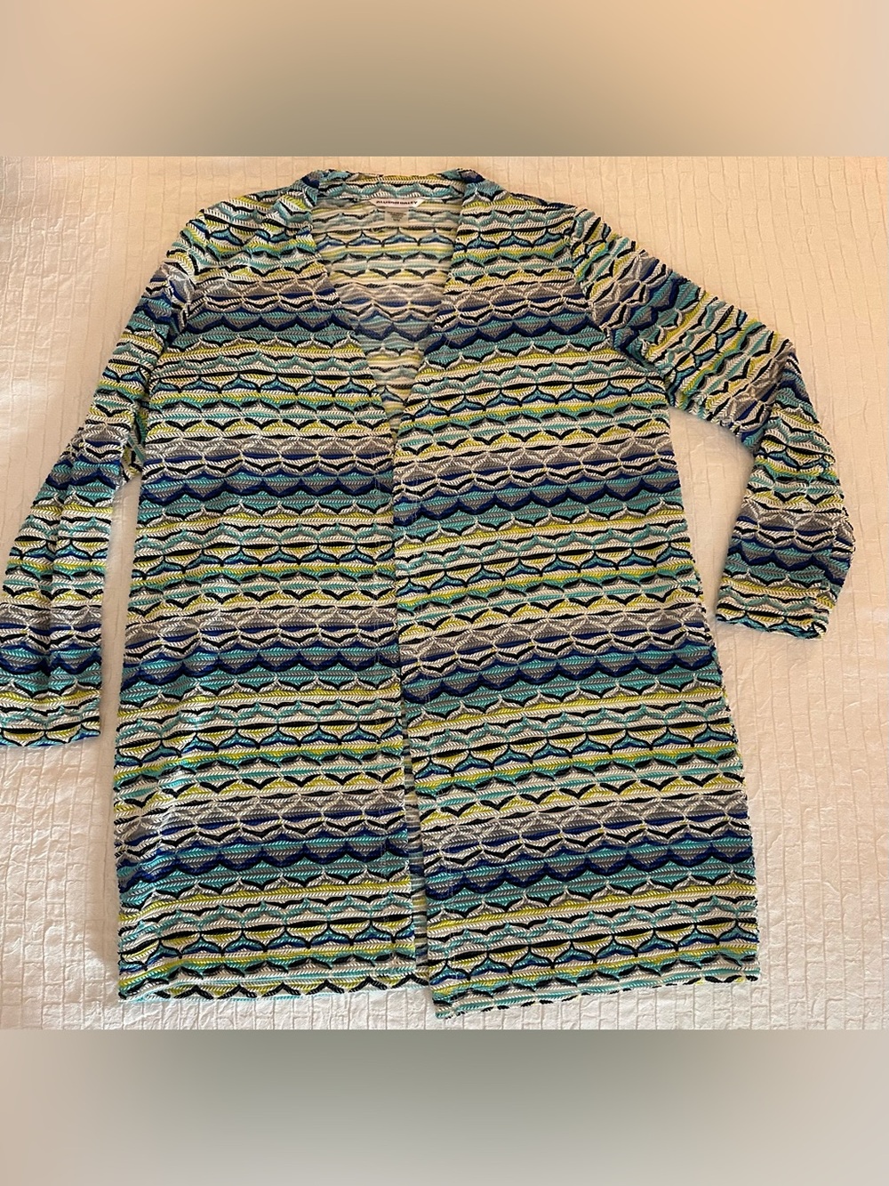 Allison Daley Striped Open Knit Cardigan in Teal, Lime & Cream